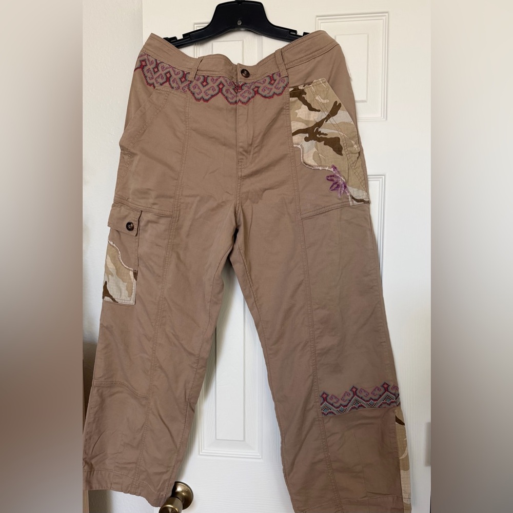 Anthropologie Mixed Media Camo Embroidered Relaxed
Taupe Utility Pants-14
